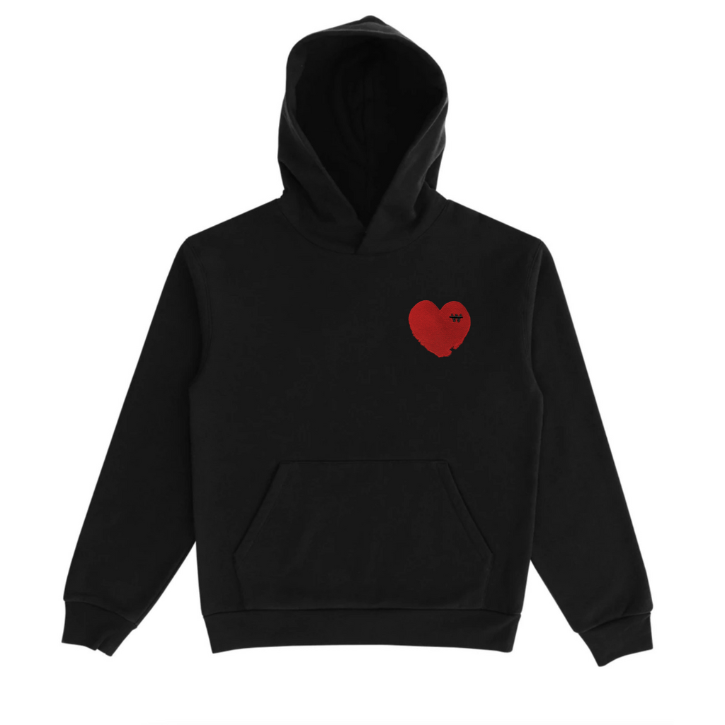 heavyweight black hoodie with embroidered custom red heart